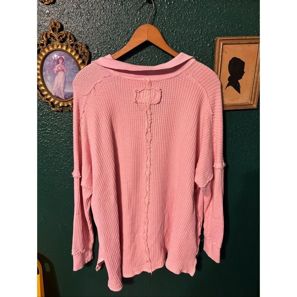 FREE PEOPLE we the free Pink Waffle Weave Collared Travis Polo Medium Sweatshirt